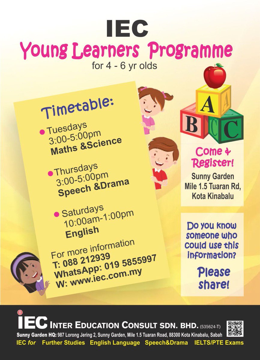 Sign up for our Young lEarner's Programme! #iecsabah #speech #drama #english #maths #science