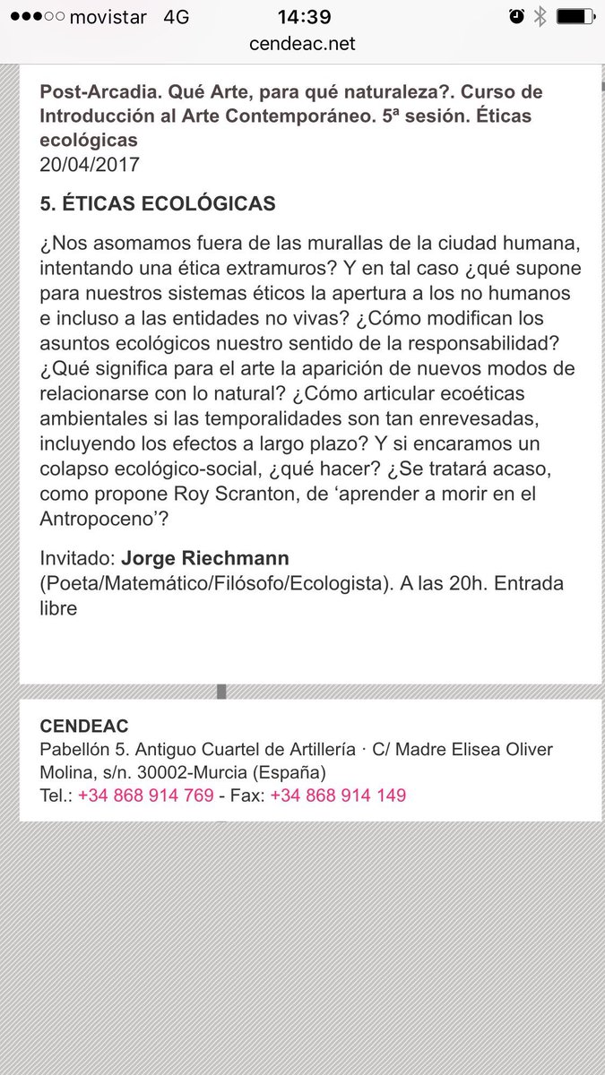 ad_minimum's tweet photo. RT @_COAMU: Hoy 20/04 en @CENDEAC, dentro del ciclo #PostArcadia, el poeta/matemático/filósofo/ecologista JORGE RIECHMANN #muyinteresante https://t.co/VbRnOmkT9O