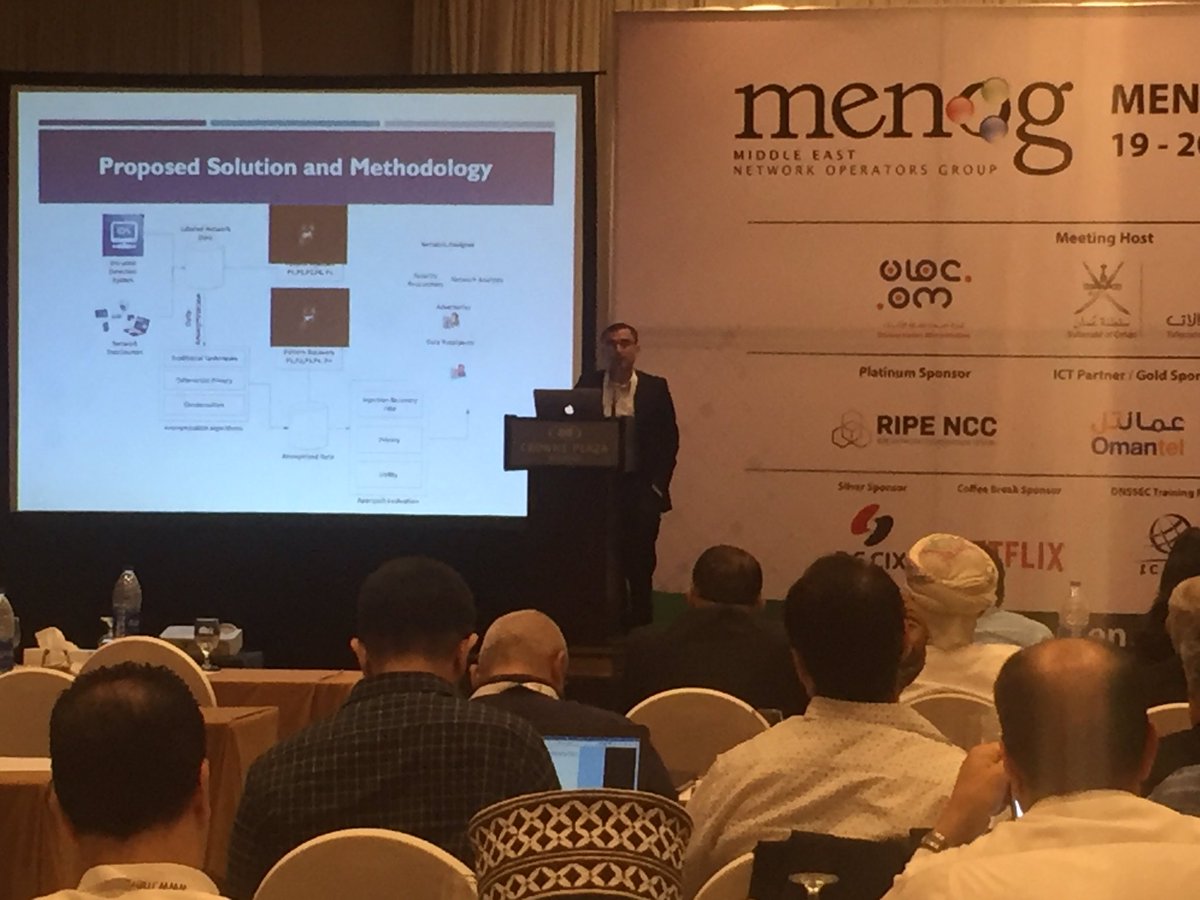 _GeriPetrova's tweet photo. Ahmed AlEroud, Yarmouk University, presenting on anonymisation of network traces using differential privacy at #MENOG17 #RACI. https://t.co/talRiUfavn