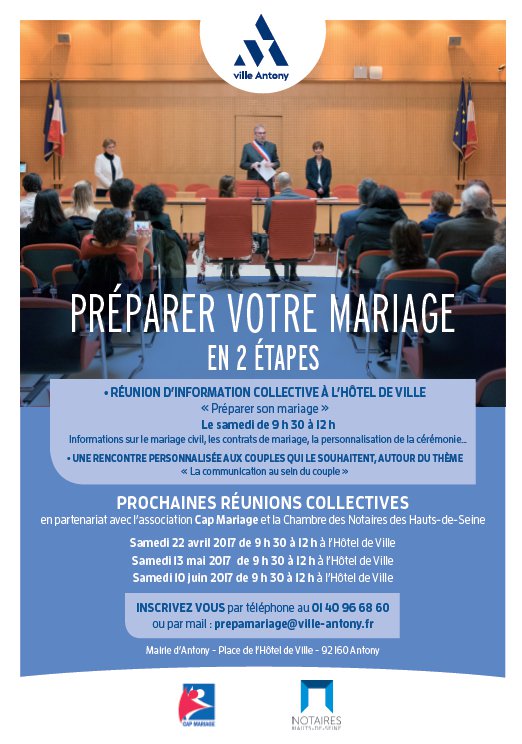 VilleAntony's tweet photo. Des questions sur le #mariage ? La Ville et @CapMariage organisent des réunions de préparation au mariage : https://t.co/lFRVF92y0w #Antony https://t.co/BYSXXAeNwT