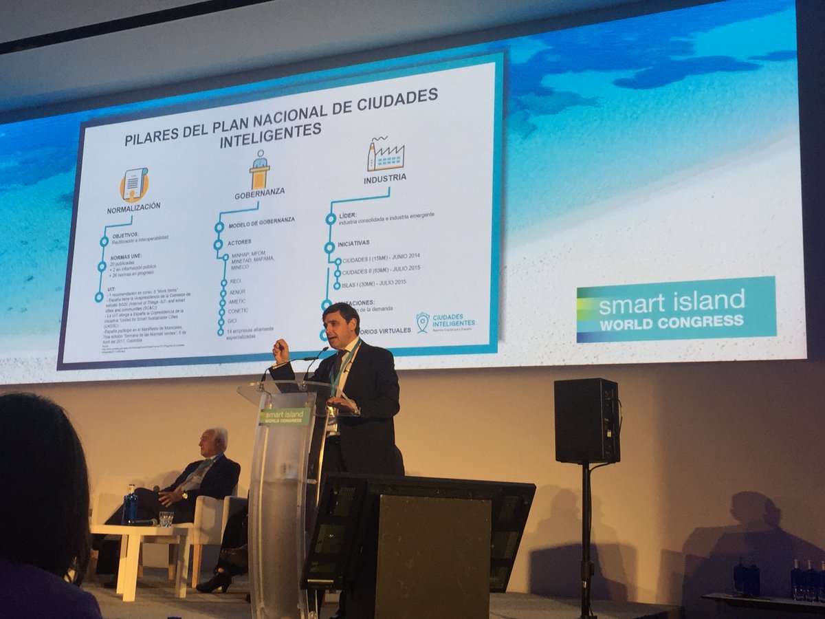SmartIslandCon's tweet photo. Spanish National Plan for #Smartcities is based on 3 pillars: #normalization, #governability & #industry, explains E. Martínez #smartisland https://t.co/iOVNWm9tX4