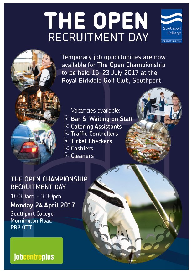 southportcoll's tweet photo. Visit our Open Championship Recruitment Day on 24 April. Members of the general public are welcome to attend. #golf #TheOpen @TheOpen https://t.co/ZkCkjdbgti