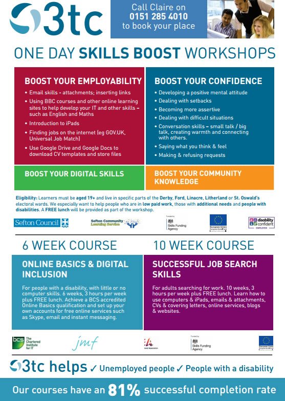 3tc One Day Skills Boost Workshops, call Claire on 0151 285 4010 for more information