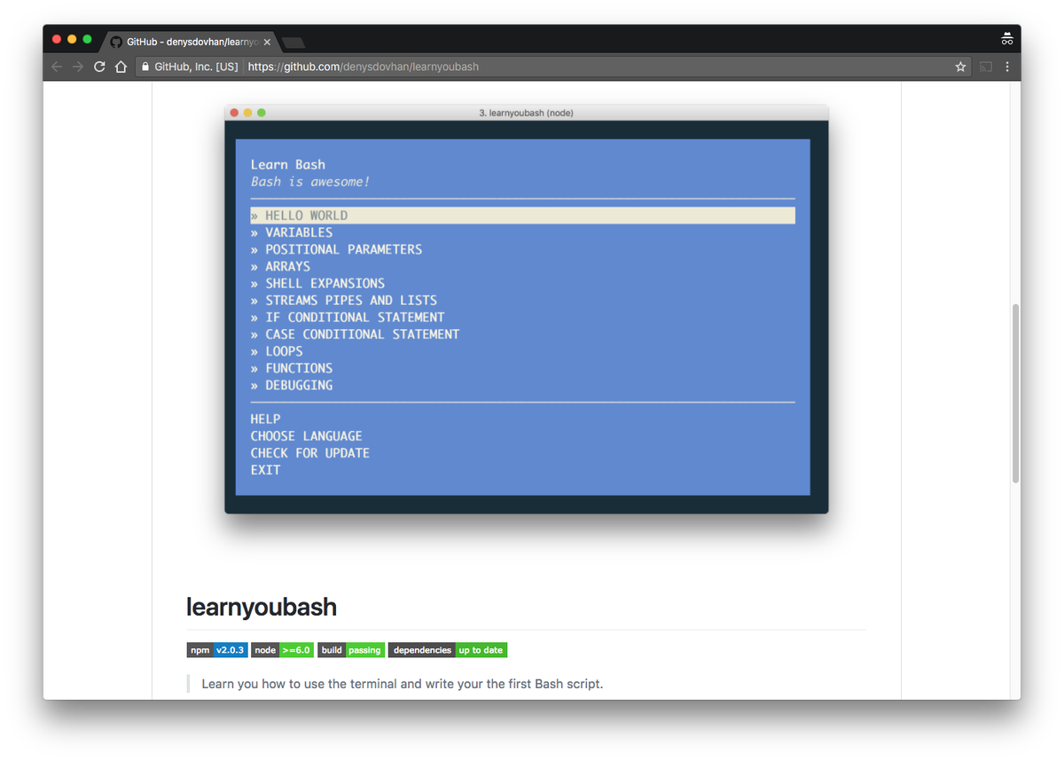 umaar's tweet image. Learn You Bash - github.com/denysdovhan/le… - Brush up on your bash 🖥 skills with these command line exercises. $ npm install -g learnyoubash