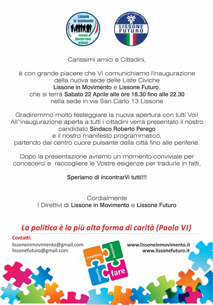 LIM_Perego's tweet image. Vi ricordo l'appuntamento di sabato 22 aprile dalle ore 18.30 a Lissone in Via San Carlo 13...#elezioni2017 #lissone #competenza #sede