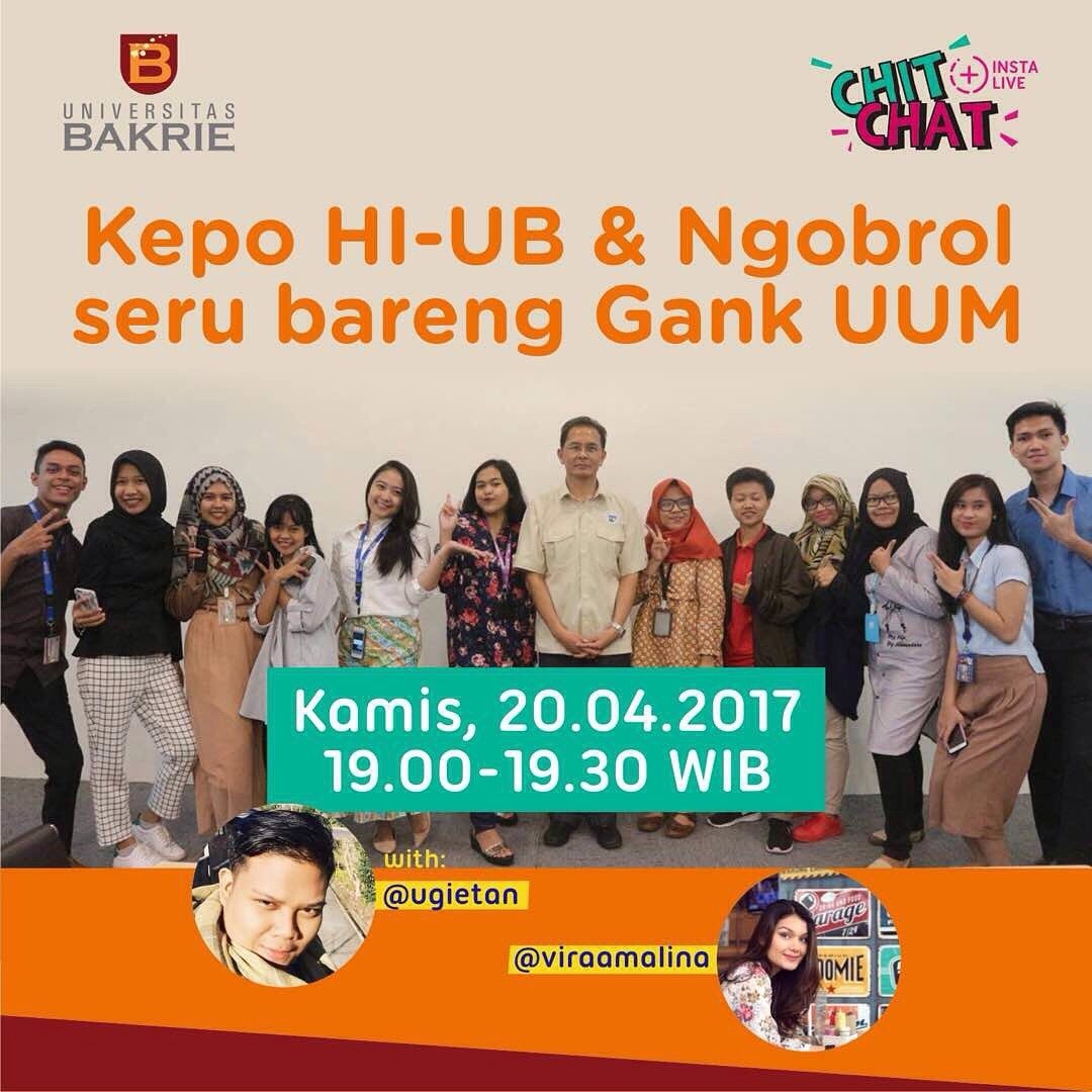 Jangan sampe ketinggalan Chit Chat Insta Live @UBCampus Bareng Gank UUM Hari ini tanggal 20 April 2017 jam 19:00 WIB. Don't miss it!