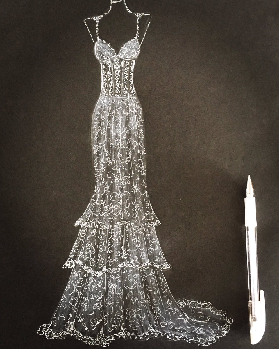 Sketching a beautiful <a href="/morileeofficial/">Morilee</a> wedding dress with white pen. #Illustrator #art #brides #wedding #weddingdress #morilee #customart