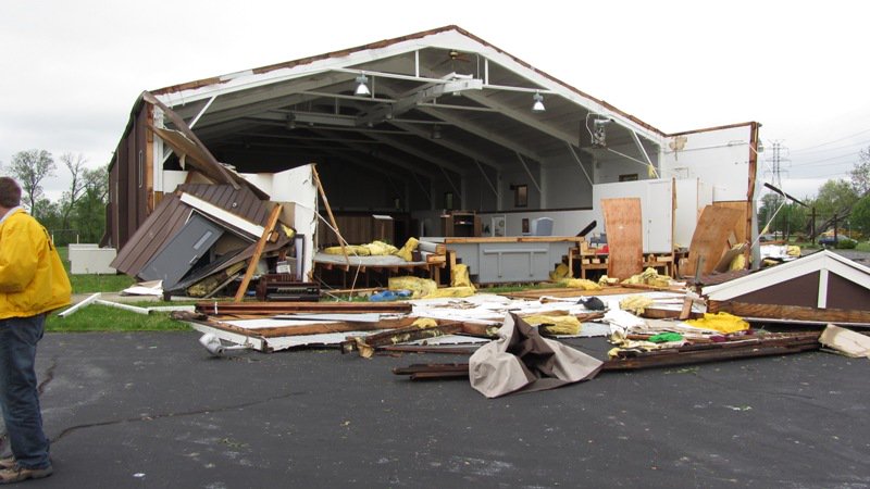 NWSLouisville's tweet photo. 4/20/2011: The side of a church was blown out by an EF-1 tornado in Clark County, IN 6 years ago today: #ovoutbreak2011 https://t.co/BfNonS9R4d