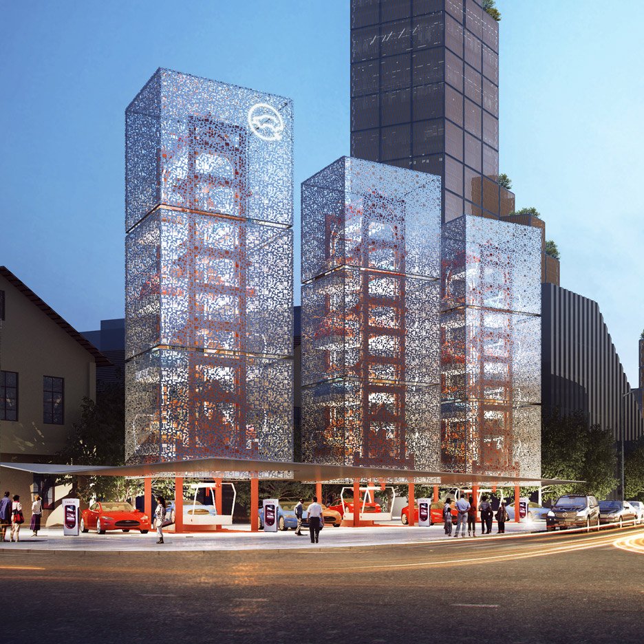 dezeen's tweet image. Ennead Lab proposes electric car charging tower as &quot;the future of roadside architecture&quot; on.dezeen.com/QhDD3W