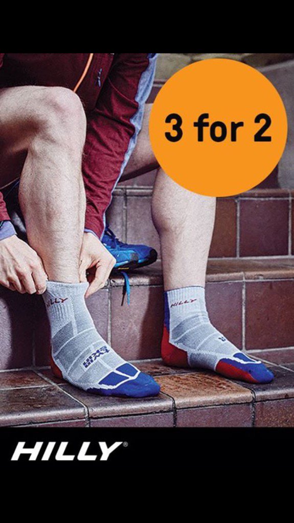 3 for 2 on all #HillySocks until 30th April #MarathonSeason 
Great offer for any relay teams or marathon runners 👍
