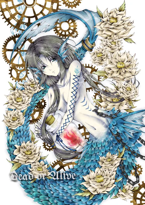 自身のバンド【Rosario Ark】の3ndミニアルバム『Dead or Alive』のジャケットイラスト。
人魚姫の物語を題材にした曲が一曲目に収録されています。

Tシャツ、タオル、スマホケース等色々なグッズになりました。
不幸体質のネガティヴ人魚デッドちゃん。妄想が好き。 