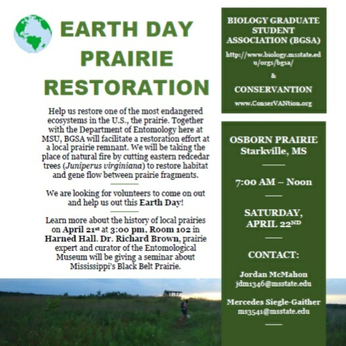 ScienceCedes's tweet image. It's not too late to sign up 😊 #EarthDay #EarthWeek #ConserVANtion #conservation #PrairieRestoration @MSU_CFR @msstate @msstate_green