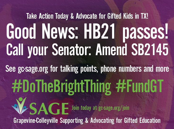 GCSAGE's tweet photo. @FriscoGifted @RGgifted @CoppellGifted @GiftedMindsPros @TXGifted @AllenGifted @LovejoyGifted #DoTheBrightThing #FundGT #SB2145 #HB21 https://t.co/iIeYE1EHvx