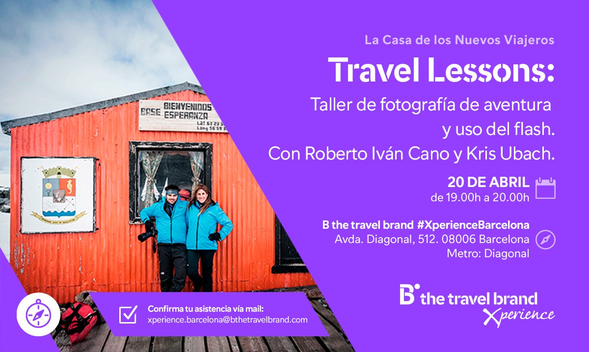 bthetravelbrand's tweet photo. No te pierdas a @KrisUbach y @rivanca en la #TravelLesson de #XperienceBarcelona sobre foto de aventura y uso del flash #ViajarEmpiezaConB https://t.co/PQxrDMtjg2