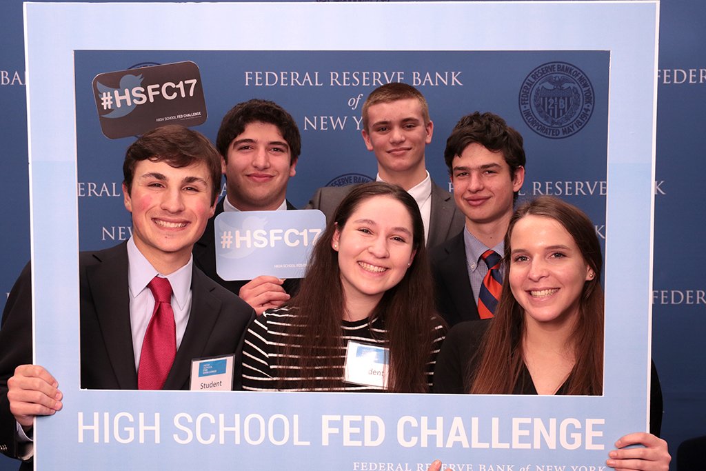 NewYorkFed's tweet photo. Their good luck symbol, the sign of the horns 🤘, gets the Horace Greeley High School ready to compete in #HSFC17. https://t.co/yslIjlhy1t