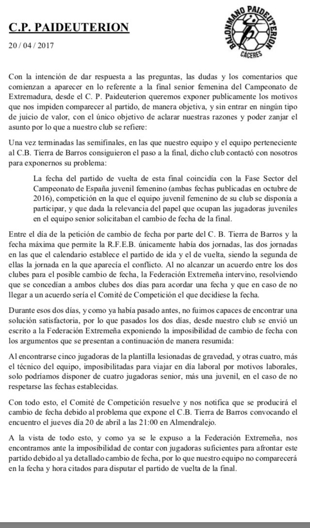 Comunicado oficial referente al partido de vuelta de la final senior femenina.