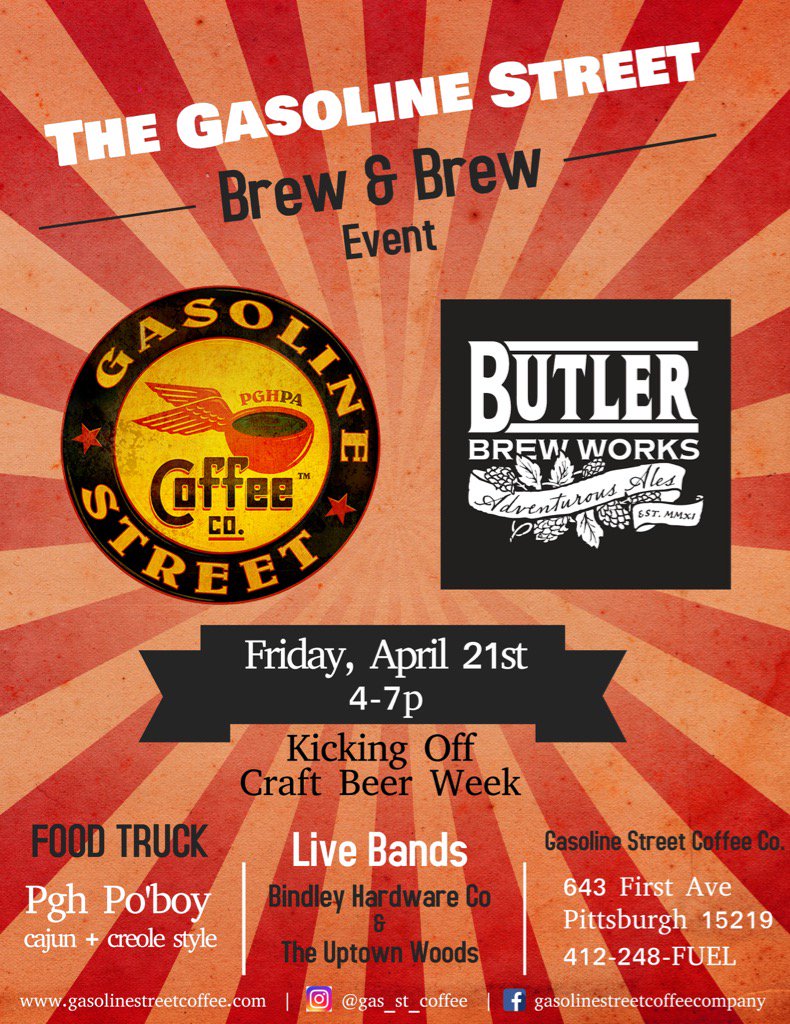 GasStCoffee's tweet photo. Tomoro⛽ Fri 4-7p⛽ Come kick-off Craft Beer Week w/ us &amp;  @ButlerBrewWorks 🍺. Plus @pghpoboy Food Truck &amp; live music! https://t.co/U3jOJn0HGL