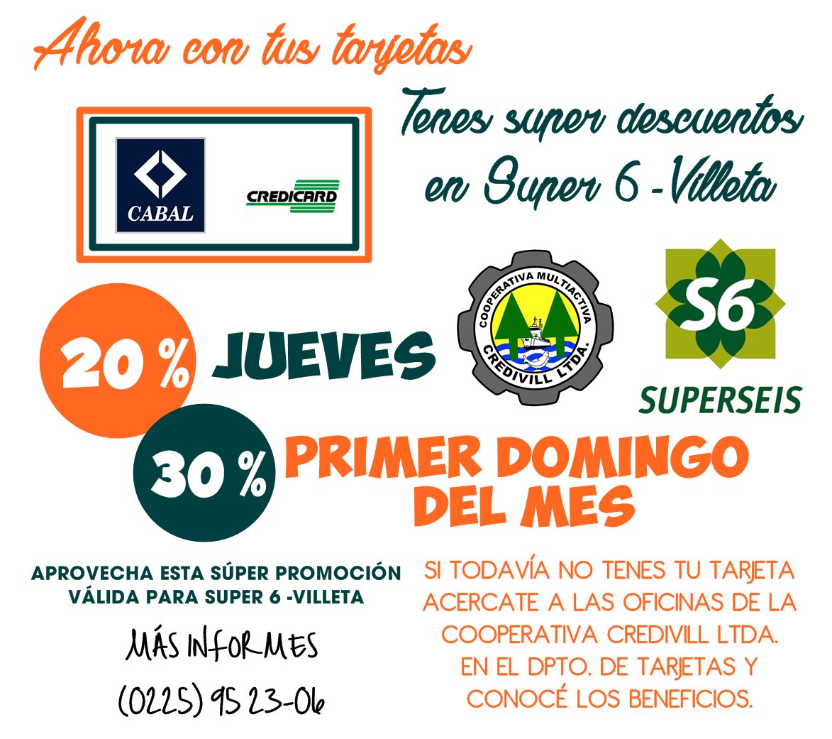 Credivill's tweet photo. HOY!
DESCUENTOS DEL 20% 
COMPRANDO CON TU CABAL O CREDICARD
EN SUPER 6 VILLETA. https://t.co/YjSXZu20Ri