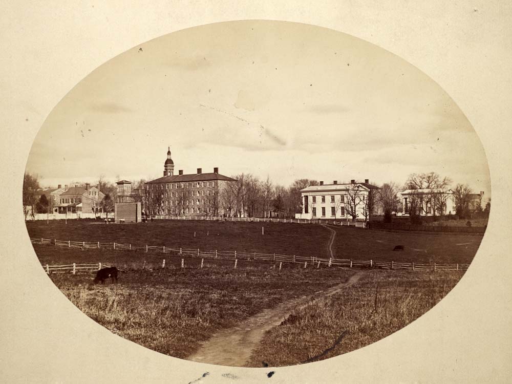 muddlibrary's tweet photo. #ThrowbackThursday: A view of West College, Clio Hall, and Whig Hall (and cows) @Princeton, ca. 1859. Photo by George Warren. https://t.co/24J3iQ4VUb