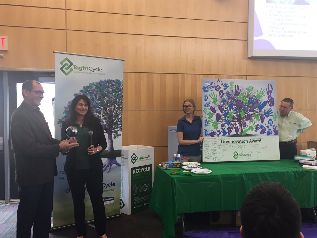 MilliporeSigma's tweet image. Pascal Perrotey, head of Danvers operations, accepts an award from Kimberly-Clark for #recycling 5.5 tons of disposable #lab gloves in 2016