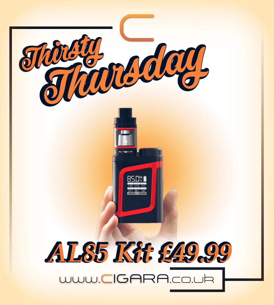 Grab the <a href="/SMOKTECHNOLOGY/">SMOK</a>  AL85 kit on #ThirstyThursday Promotion. In Store and Online at just £49.99.  cigara.co.uk/smok-alien-al8…