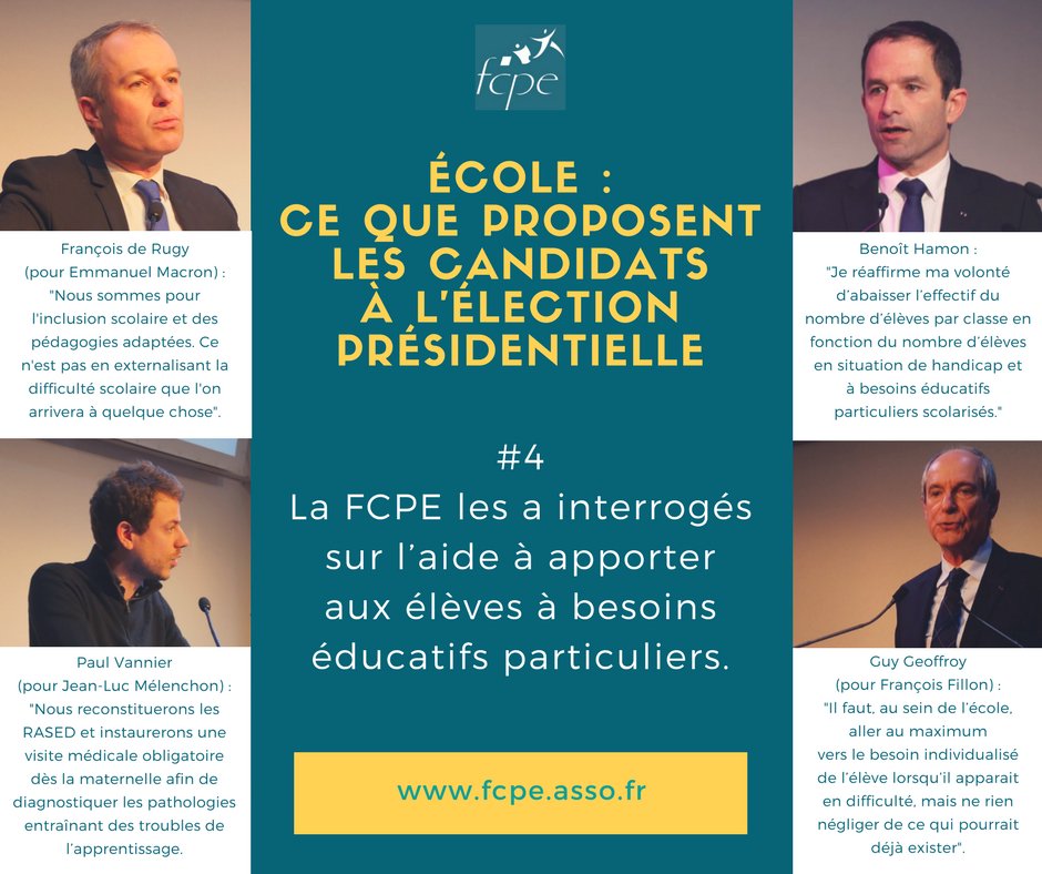 FCPE_nationale's tweet photo. Que comptent faire les candidats pour les élèves à besoins éducatifs particuliers ? Voici leurs réponses ! #pourlecole #présidentielle2017 https://t.co/AW472b0yNR