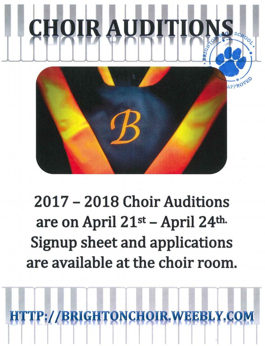 Brighton_Choir's tweet photo. @bengalsbhs, Choir auditions start tomorrow! Come see Mr.E w/ questions or if you need an alternate audition time. https://t.co/jCvSDwSluG