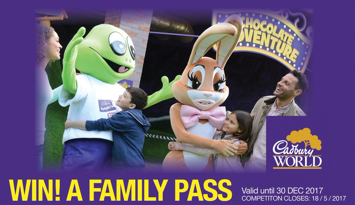 #WIN!
1 FAMILY PASS to <a href="/CadburyWorld/">Cadbury World</a>  to use before 30 Dec 2017. FOLLOW + RT before 18/5 to enter!