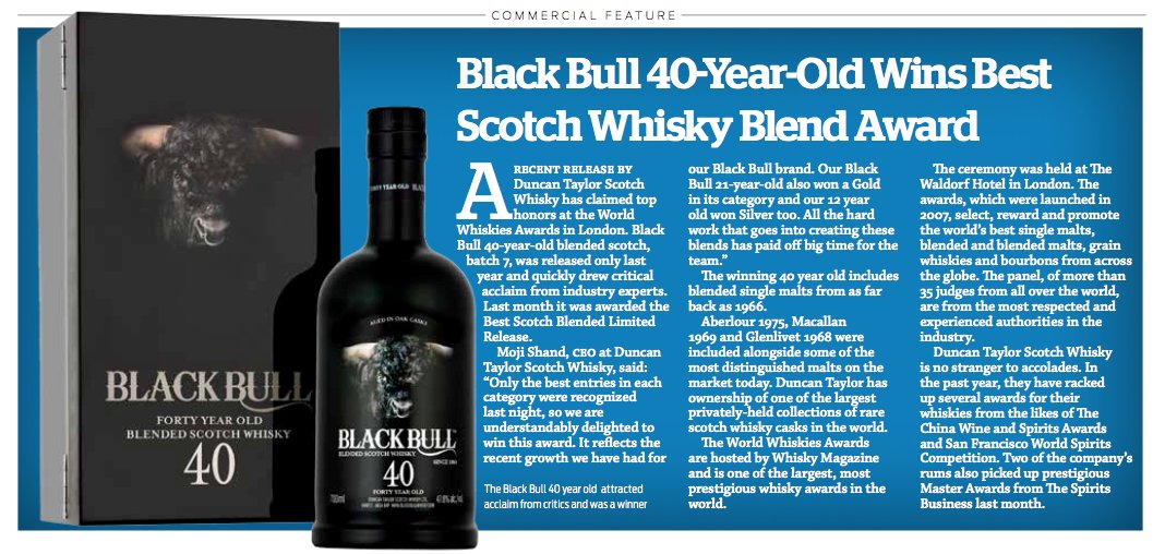 BlackBullWhisky's tweet image. Nice coverage in @Int_Insight &amp;amp; @WSJ for our Best Scotch Whisky Blend Award #BB40