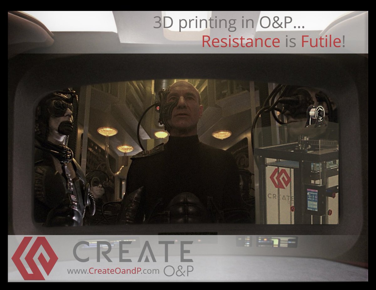 CreateOandP's tweet photo. #3Dprinting in O&P: #ResistanceIsFutile! We can help you #assimilate 3D printing into your clinic!
#tbt #create3400 #prosthetics #startrek https://t.co/L8jZxjBnFD