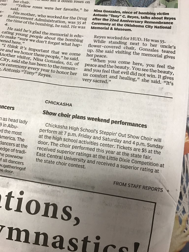 ChickashaChoir's tweet photo. Check out the article in today's Daily Oklahoman! Because it is important! #TEAMCHICKASHA Invite your friends. #showchoir #choir https://t.co/Vv2AiG3mkm