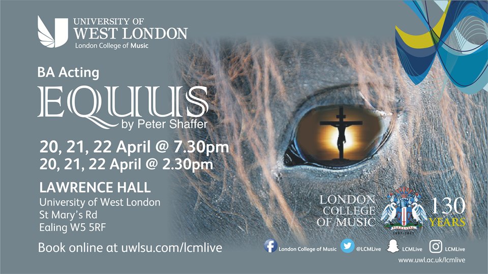 Today is the opening of <a href="/LCMActing/">LCM Acting</a>'s production of Peter Shaffer's acclaimed play Equus. Book your tickets now: bit.ly/1XJXlYd
