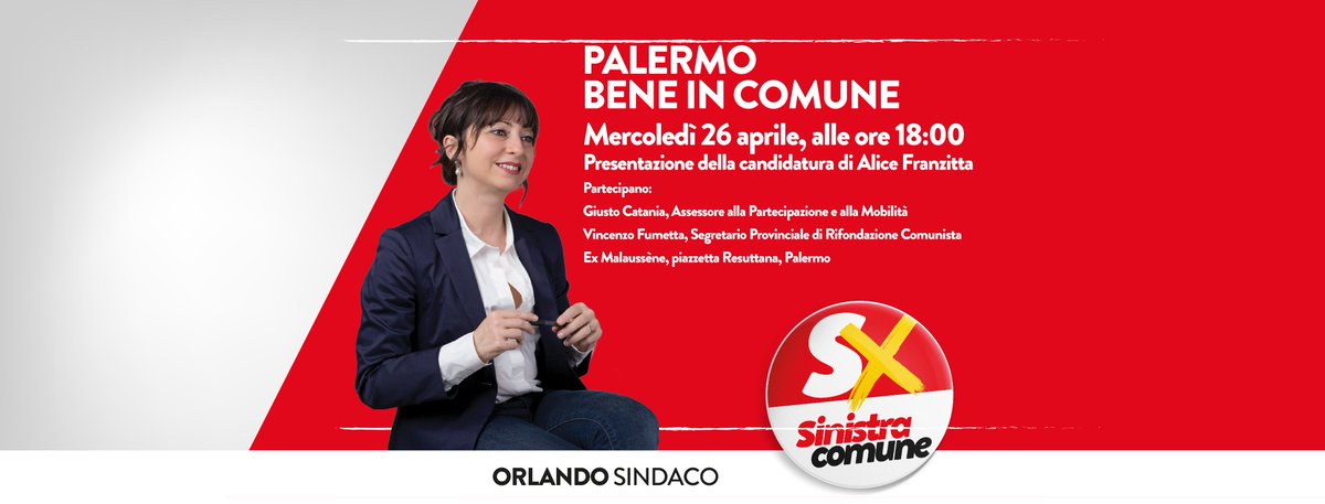 AliceFranzitta's tweet photo. #PalermoBeneInComune
Mercoledì 26 aprile, alle ore 18:00, presso l'ex Malaussène in piazzetta Resuttana, presento la mia candidatura https://t.co/f9jYE5WZdj
