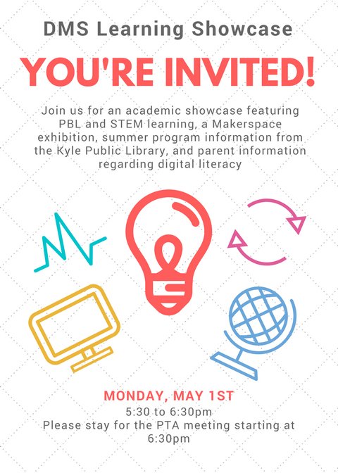 DMS_Library's tweet photo. Please join us for an academic showcase on Mon. 5/1 at 5:30pm! @DahlstromMS_PTA @CodyMize_HAYS @trevinodms1 @jamielocklin https://t.co/Nd3Z8C9SjA