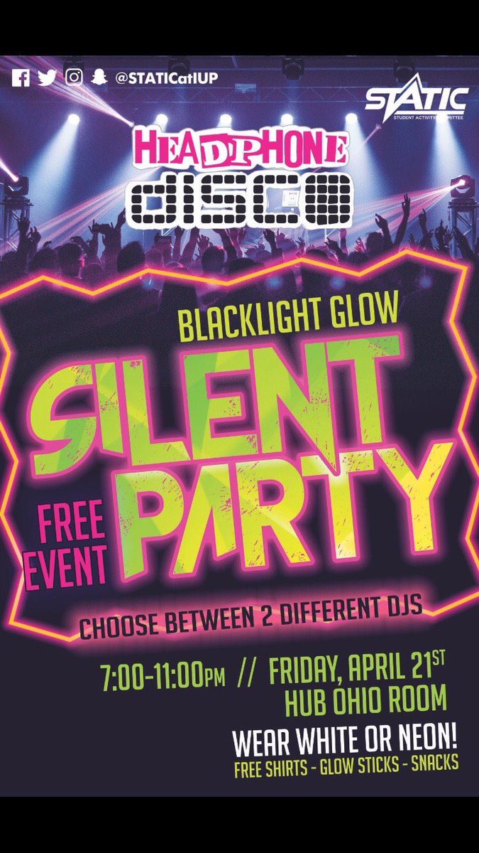 STATICatIUP's tweet photo. TOMORROW there will be a FREE Silent Party event in the Hub Ohio rm! Tshirts &amp; glowsticks are provided. Tag a friend who may be interested! https://t.co/h1B9ZBi9R8