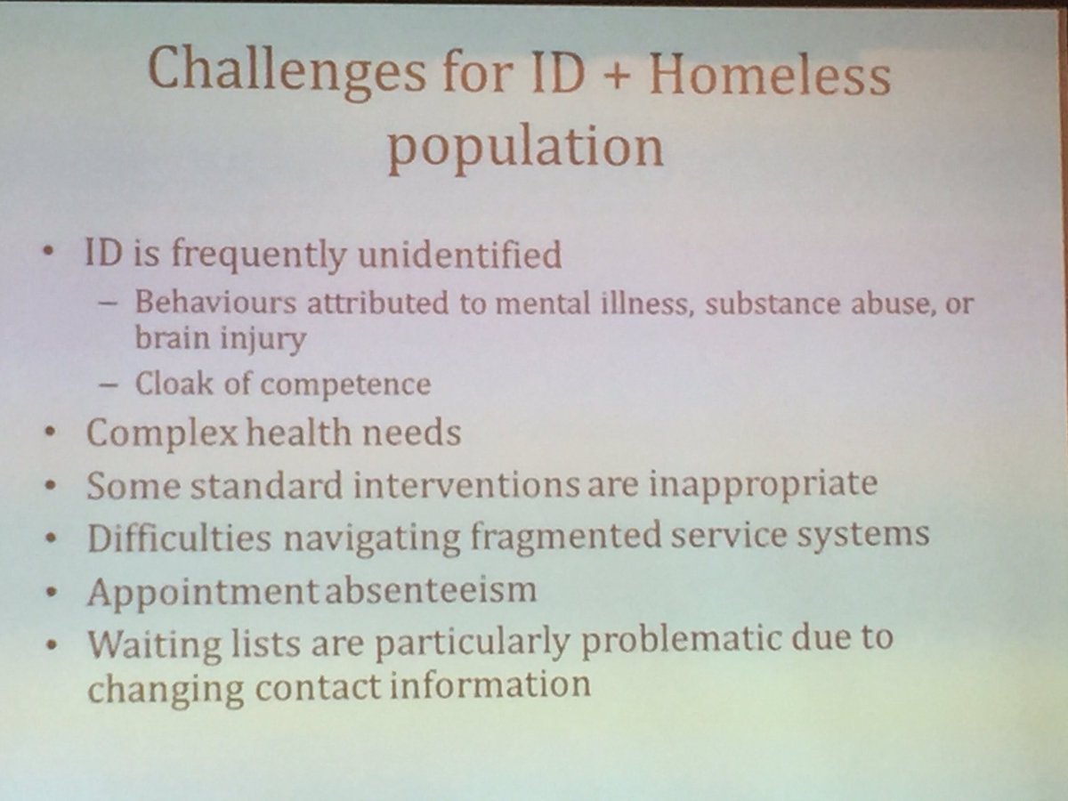 HWDDconf's tweet photo. Challenges for #homelessness of ppl w #developmentaldisabilities - unidentified, #healthcare needs, fragmented service, waitlists #OADD 2017 https://t.co/HzLu0evL6d