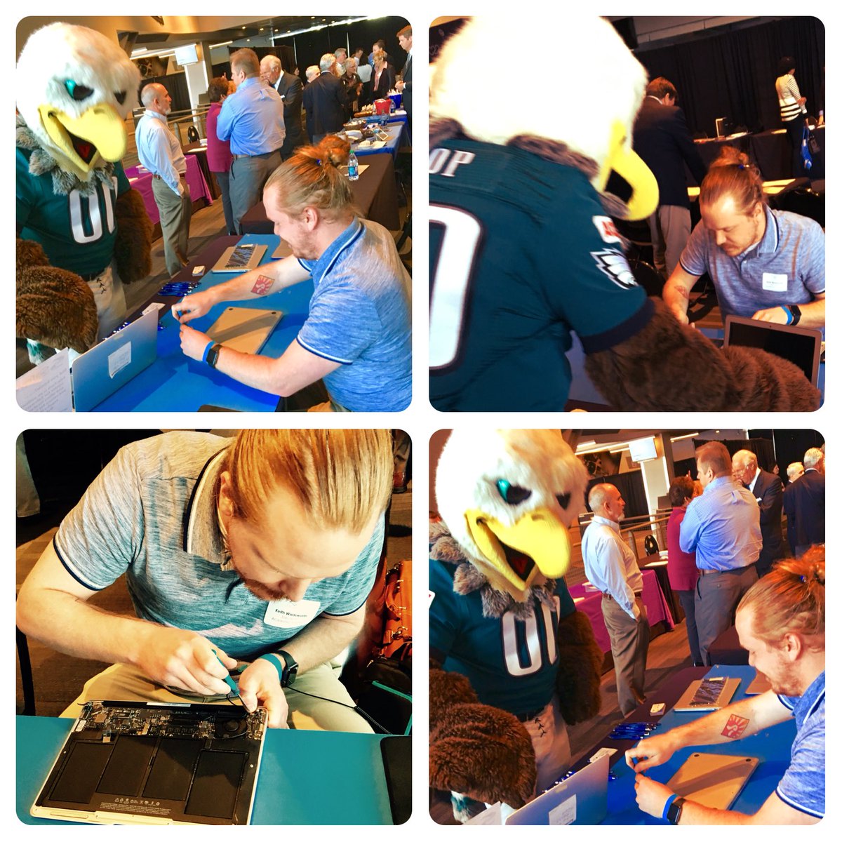 EduTechPA's tweet photo. A special #PhiladelphiaEagles guest swooped in during our @PAISBOA MacBook repair demonstration! #applerepair #somanyparts #supermanvision https://t.co/ELyaub3TnM