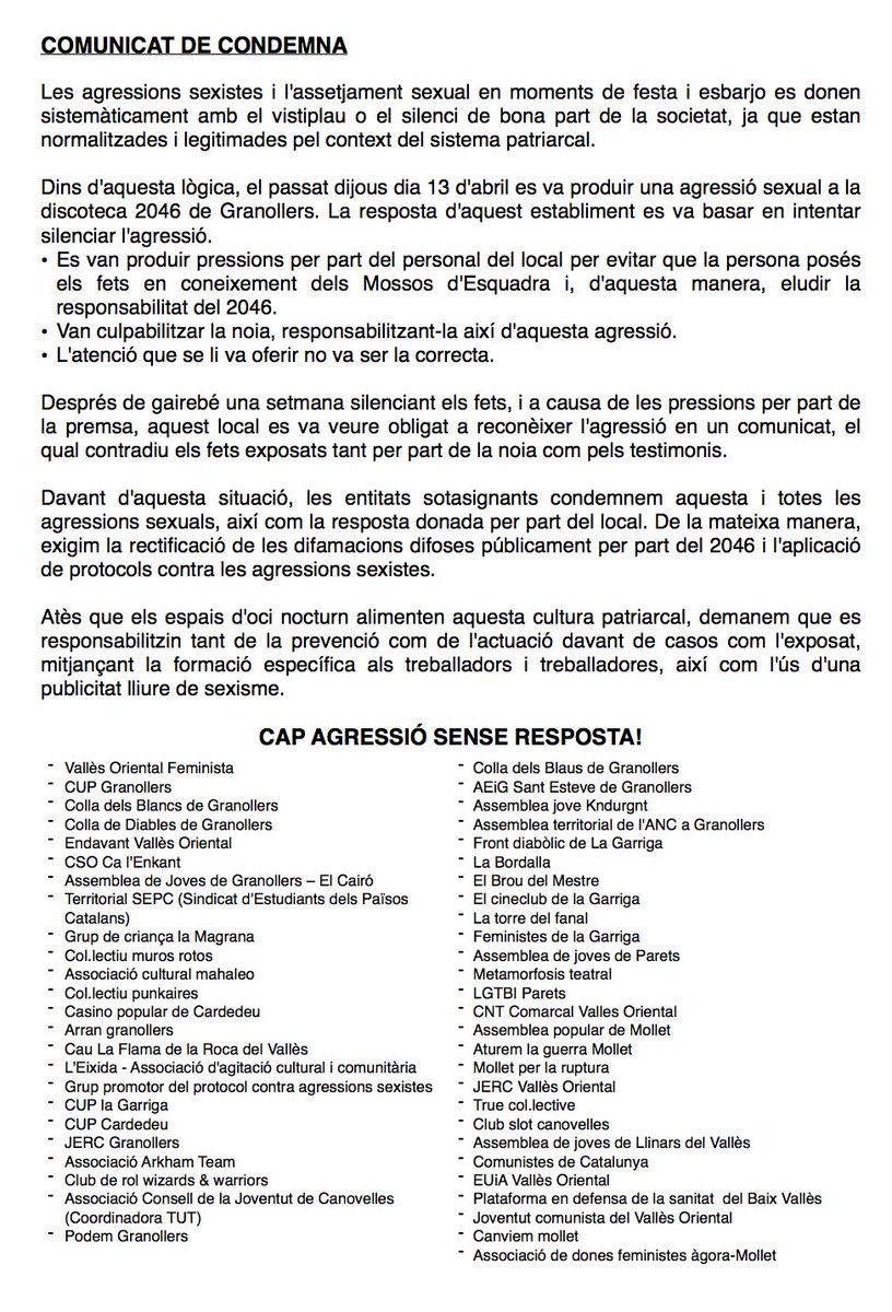 elcairo_ajg's tweet photo. Diversos col·lectius del Vallès ens adherim a aquest comunicat de condemna de l'agressió sexual del passat 13 d'abril a la discoteca 2046. https://t.co/J9XdIMP8J5