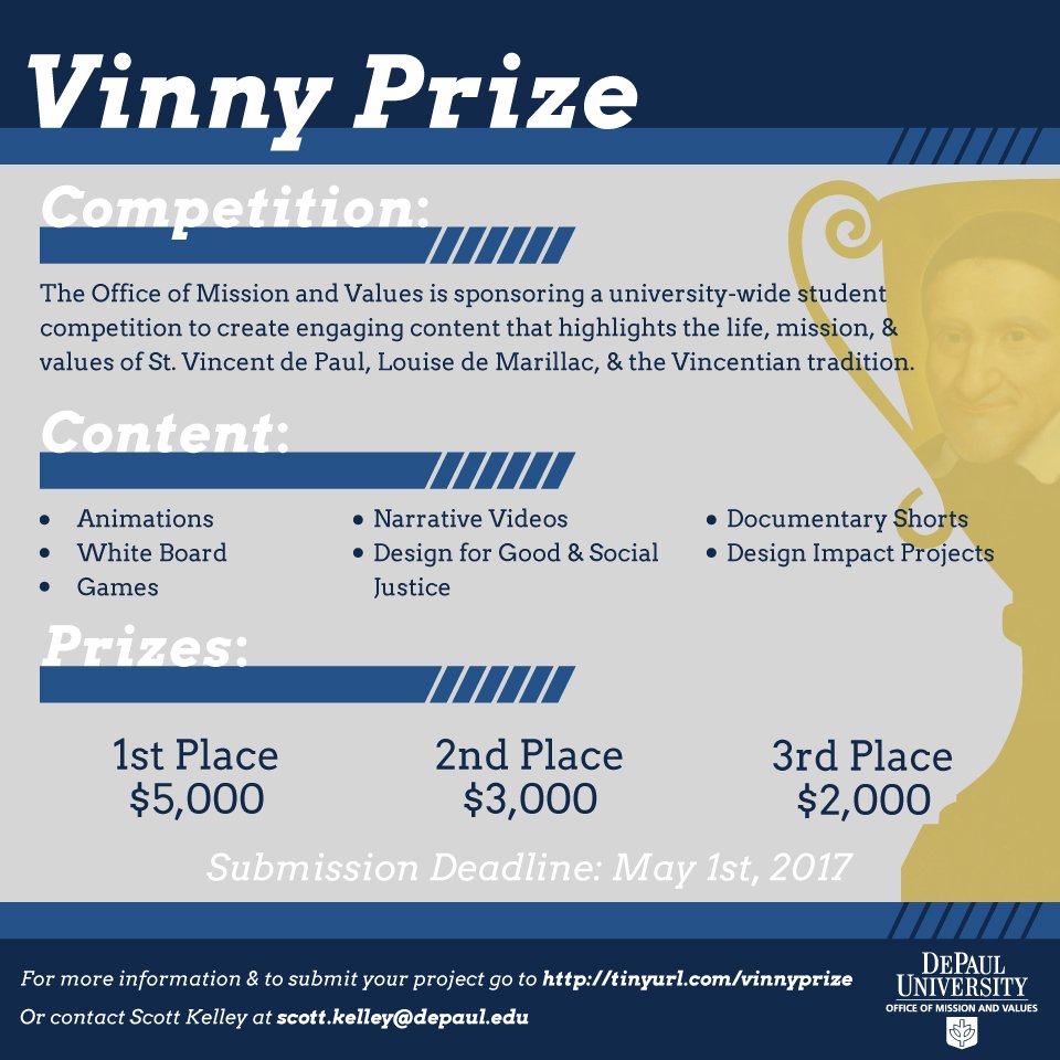 CDMDePaul's tweet photo. The deadline for the Vinny Prize is quickly approaching! Submit your engaging digital content for a chance to win $5000! https://t.co/zYWCS09G4K