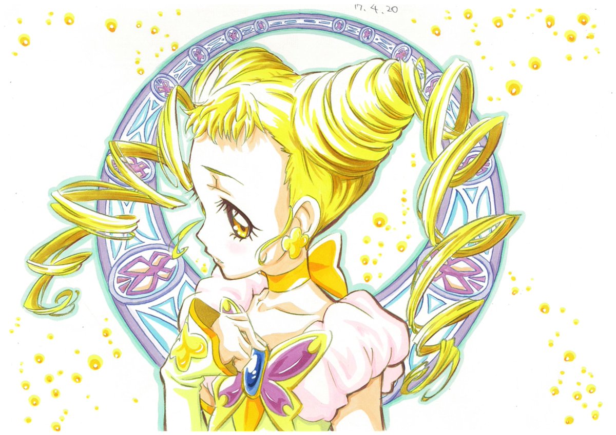 1girl solo blonde hair butterfly brooch yellow eyes magical girl drill hair  illustration images