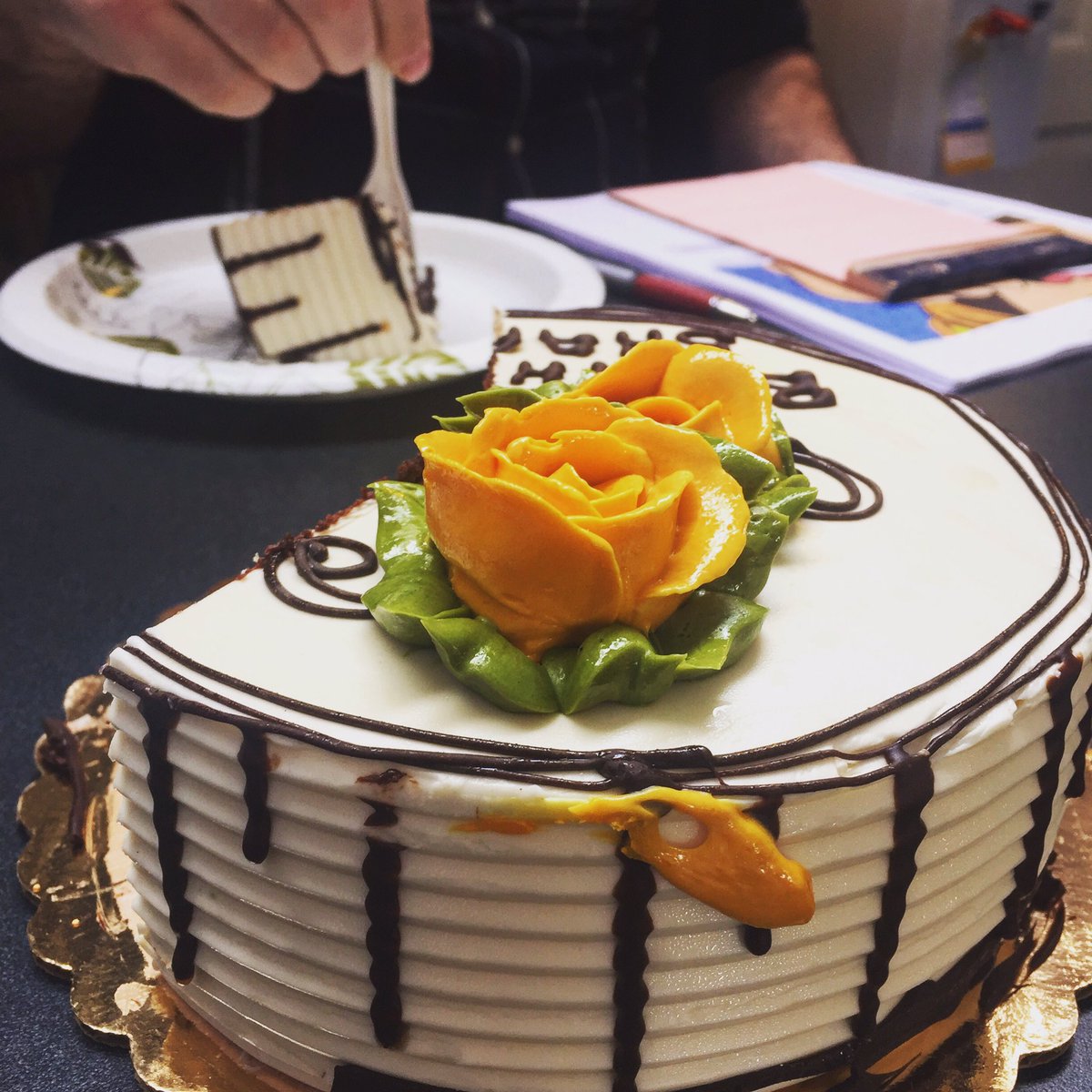 Staff meeting with cake for <a href="/sharongracepjs/">Sharon Pelletier</a>