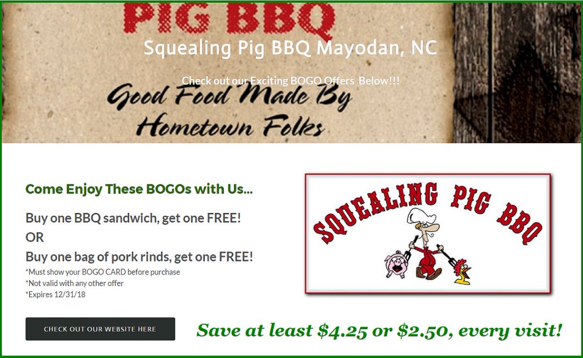TheBOGOCARD's tweet photo. A Squealing good deal Show your #BOGOCARD for #delicious #BBQ #savings! https://t.co/MDBqgAoJDG #myodan #NC #Triad #triadeats #BOGO #lunch https://t.co/RxNJsmLKYm