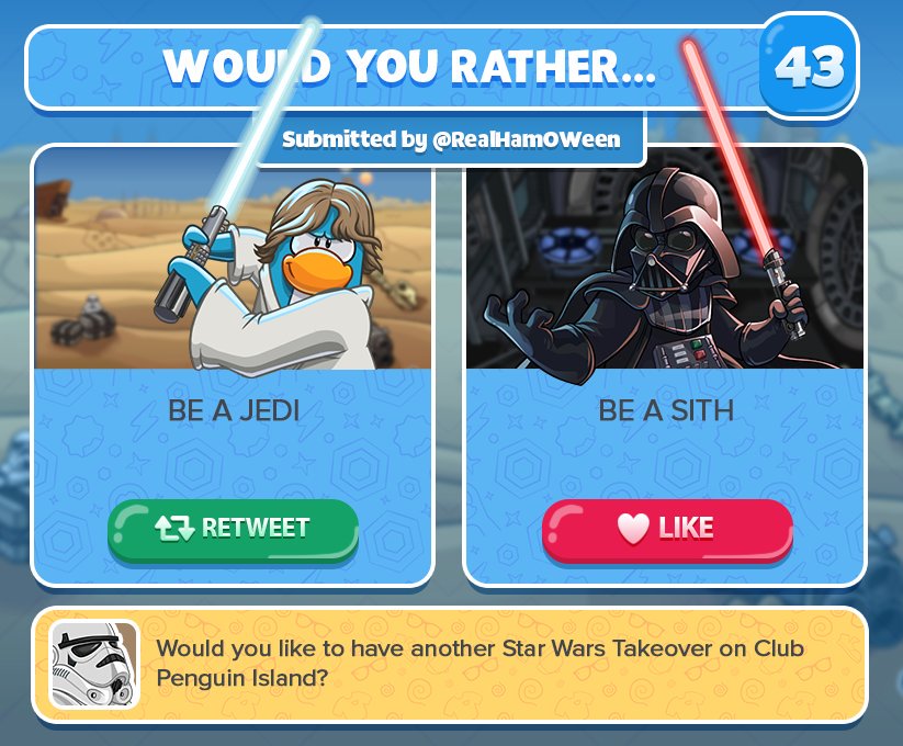 WYRCP's tweet photo. Question #43: Be a Jedi or Sith? #starwars #clubpenguin https://t.co/NucbwSD3wd
