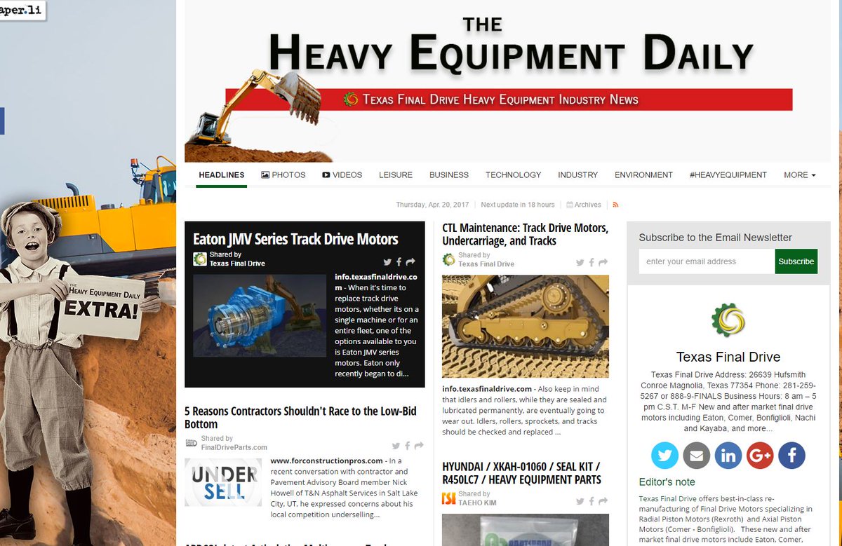 texasfinaldrive's tweet image. The Heavy Equipment Daily April 20, 2017 -Headlines: Eaton JMV Series, ARCCO Trucks, Hyundai Seal Kit bit.ly/2ovm2e9 #construction
