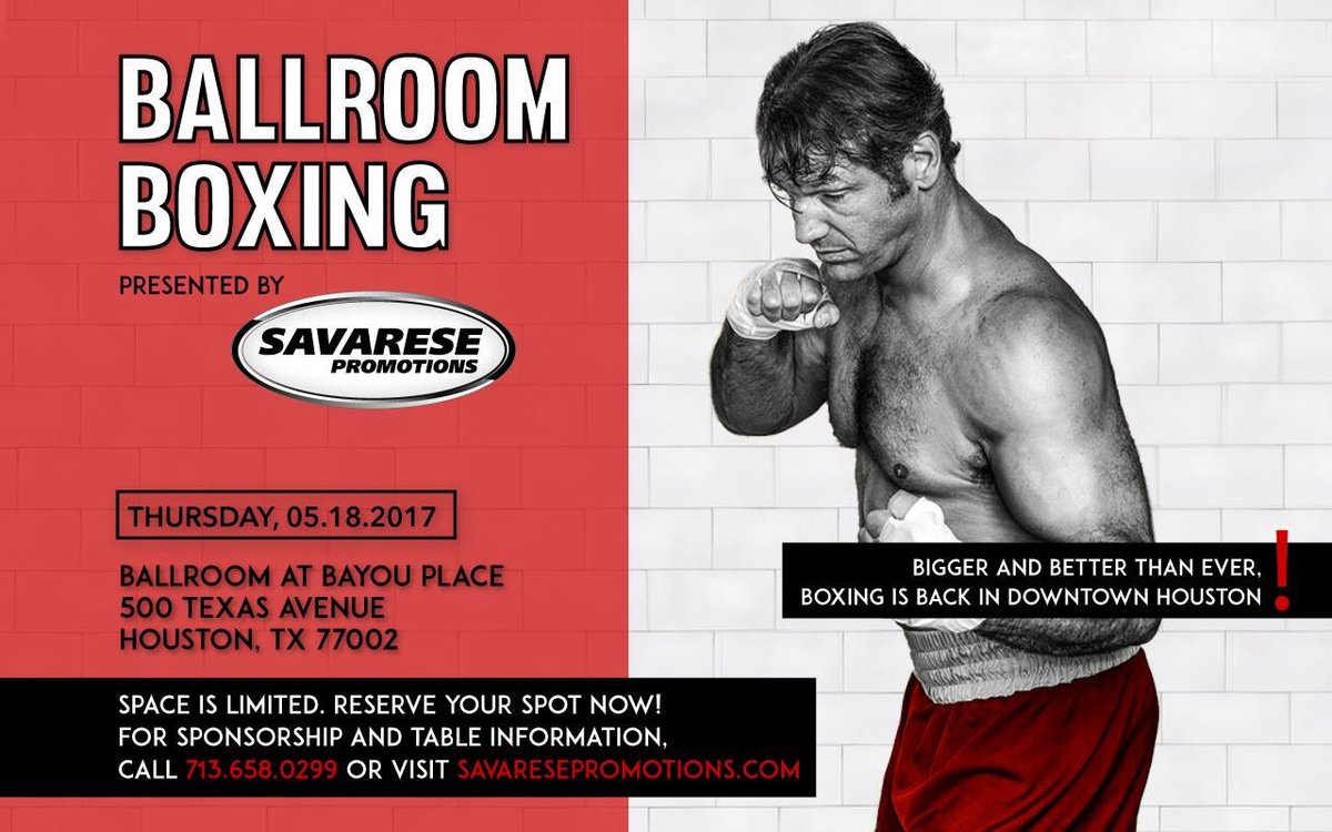 Savarese_Promo's tweet photo. WE'RE BACK! The May 18 #BallroomBoxing is going to be even better than our December 2016 event! #BoxingIsBack #DowntownHouston #Boxing https://t.co/2b8xN7IpaA
