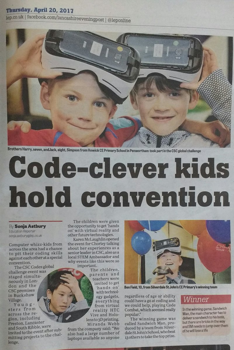 mirandakaywebb1's tweet photo. #CSCcodes spotted in Lancs Evening Post. @DXC_UKI @STEMFirst @rebrewster @kazamac12 @Max_Hemingway @ColetteWeston @tombsy @Woz_Coz @ULaimins https://t.co/0RInGzmgI0