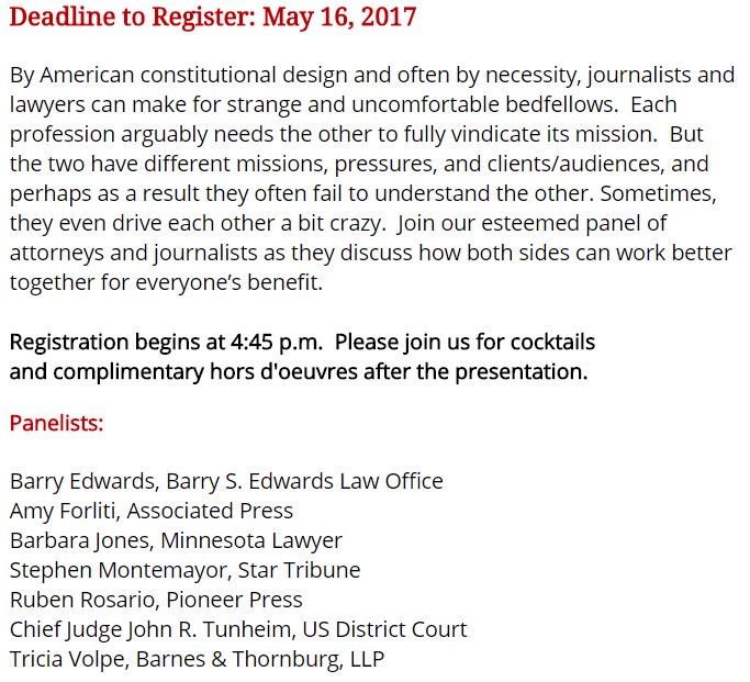 mnspj's tweet image. SAVE THE DATE! @mnbar, @mnspj join forces for
"Approaching the Bar - Journalists and Lawyers Face Off"
May 18th, 5pm
mnbar.org/Meetings/Meeti…
