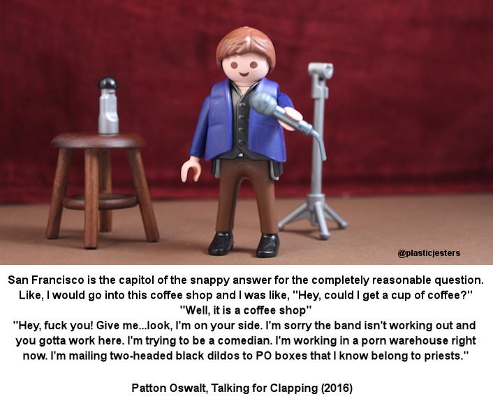 PlasticJesters's tweet photo. Recreation of @pattonoswalt 's #talkingforclapping:
#PattonOswalt https://t.co/3nxkzA8HM7
