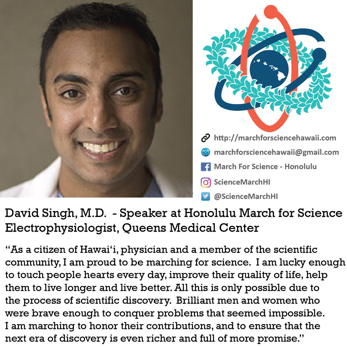 ScienceMarchHI's tweet photo. In 2-days, we honor are #ScienceMarch speakers &amp; #whytheymarch - @drdavidsingh. Show your support for #science 22 April 3-6pm @uhmanoanews https://t.co/zU1feNdHvb