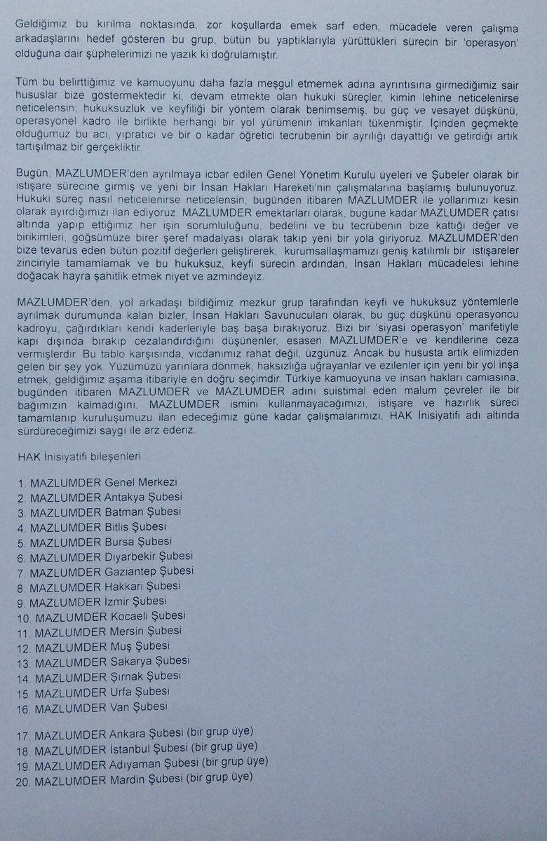 HAKinsiyatifi's tweet photo. MAZLUMDER yönetiminin, 16 şubenin ve binlerce üyenin tasfiyesi sonrası yolumuza "Hak İnisiyatifi" olarak devam ediyoruz. 
Deklarasyonumuz https://t.co/2VwIv7KDiX